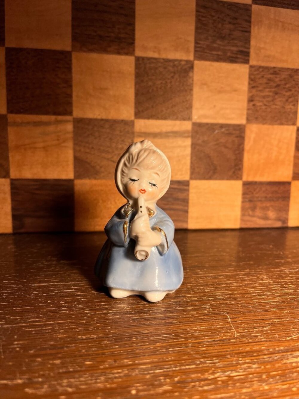 Sweet Blue and White Girl Figurine Playing Musical Clarinet A1188